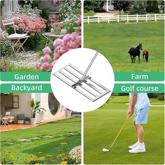 30" x 10" Lawn Leveling Rake with 6.5FT Extra Long Handle, Heavy Duty Stainless Steel Leveling Rake 30 inch for Spreading Topsoil, Sand & Compost, Professional Yard Leveler, Silver