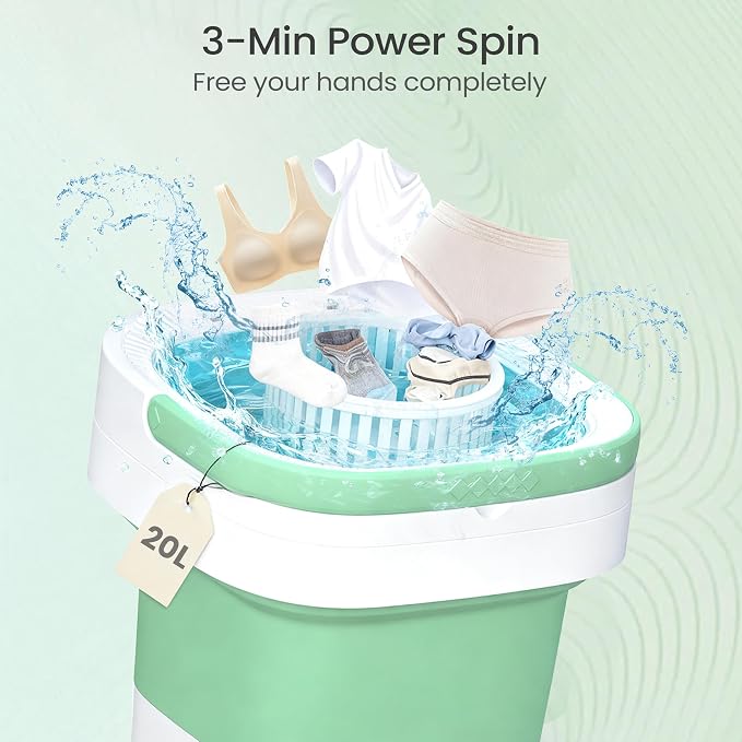 Portable Washing Machine 20L - Mini Washer with Spin Basket, 3 Cleaning Modes & Deep Wash for Small Clothes, Foldable Laundry for Apartment, Home, RV and Travel (Green)