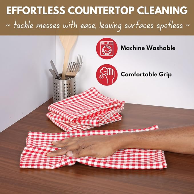 Native Fab 6 Pack Kitchen Towel with Hanging Loop 16x26 inches, Cotton Gingham Check Dish Towels for Cleaning & Drying Dishes, Absorbent Cloth Rags, Bar Towel, Dish Cloth Set, Red White