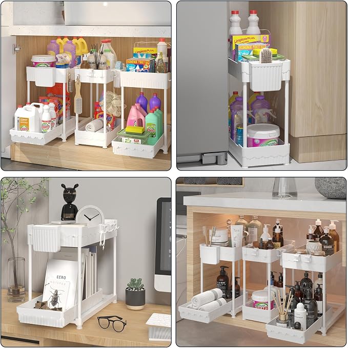 Sevenblue 3 Pack Under Sink Organizers, 2-Tier Multi-Use Kitchen and Bathroom Organizers and Storage with Sliding Drawers, Bathroom Cabinet Organizer (White, 14.8 Inch)