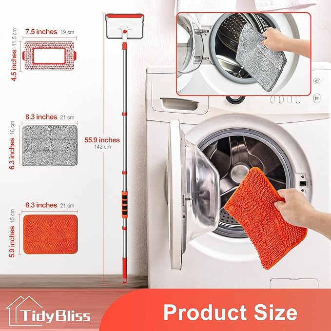 Baseboard Cleaner Tool with Handle, 55.9” Long Wall and Base Board Cleaning Mop, 4 Reusable Pads, 1 Stiff Bristle Scrubber Brush for Floorboard Ceiling Cabinet Window Bathroom Kitchen (Red)