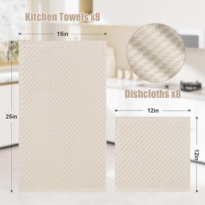 Homaxy 100% Cotton Kitchen Towels and Dishcloths Set, 12 x 12 & 15 x 25 Inches, Set of 16 Bulk Terry Cloth Dish Towels, Super Soft and Absorbent Hand Towel with Hanging Loop, Beige