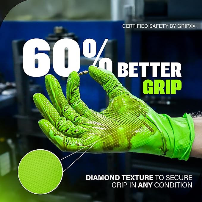 GRIPXX Herkules Grip Heavy Duty 8Mil Green Nitrile Gloves,3D Raised Diamond Texture-Latex & Powder Free-Industrial, Mechanic | Pack of (200 CT)