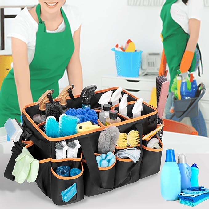 HODRANT Extra-large Wearable Cleaning Caddy, Organizer Bag for Housekeeper with Pad, Handle & Divider, Car Wash Tools Bag for Detailing Supplies, Orange Edge