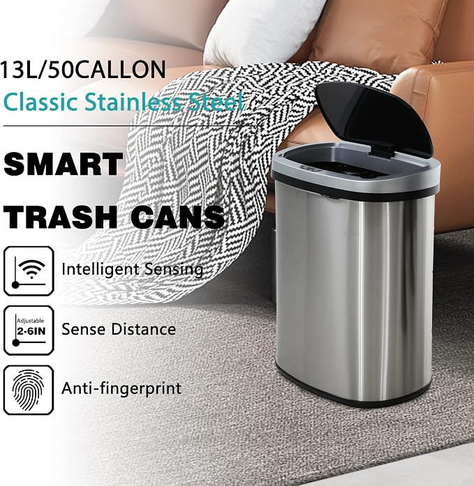 PayLessHere 13 Gallon / 50 Liter Trash Can Stainless Steel Touchless Trash Bin Oval Shape Office Waste Bin for Kitchen Bathroom Bedroom Living Room with Lid Powered by Batteries (not Included)