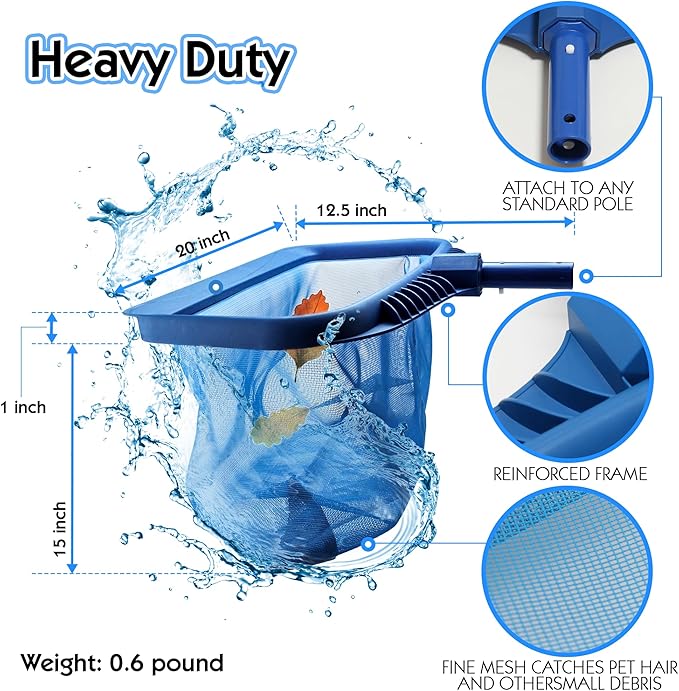 STARGOODS 20" Pool Skimmer Net - Heavy-Capacity Deep Bag Leaf Rake for Inground & Above Ground Pools - Fine Mesh Catches Leaves, Pet Hair & Debris - Pool-Safe Rounded Edges - Fits Standard Poles, Blue