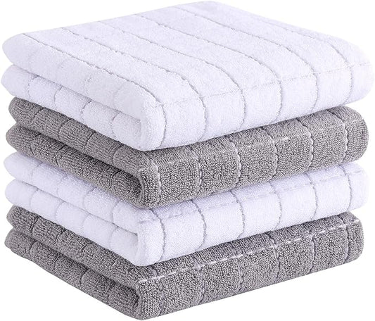 Homaxy 100% Cotton Terry Kitchen Towels(White and Light Grey, 13 x 28 Inches), Checkered Designed, Soft and Super Absorbent Dish Towels, 4 Pack