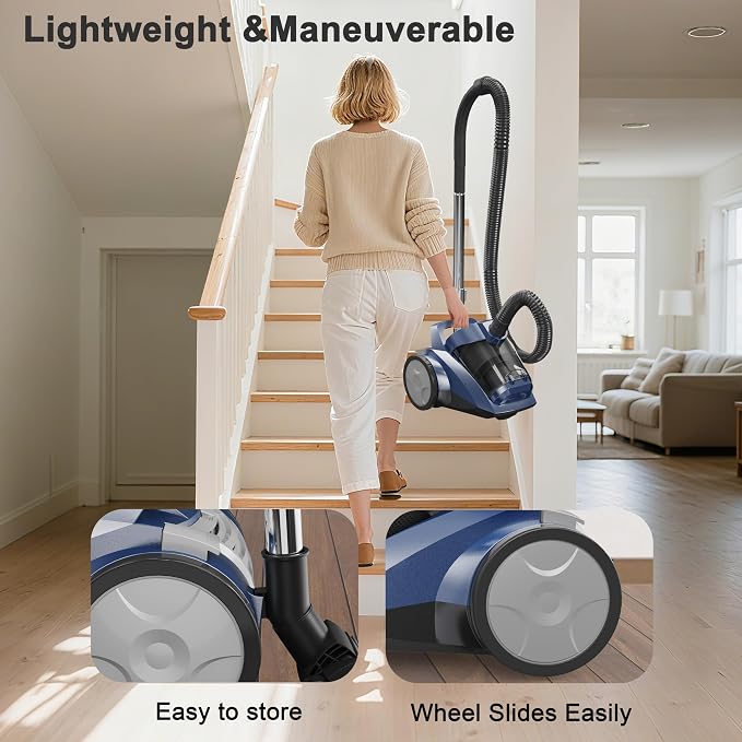 Sweepcent Canister Vacuum Cleaner 45KPa Power Bagless Canister Vacuums for Home with 5 Tools 4.5QT Dust Cup Double HEPA Filter Lightweight Multi-Surface Vacuum Cleaners for Carpet Hard Floor Pet Hair