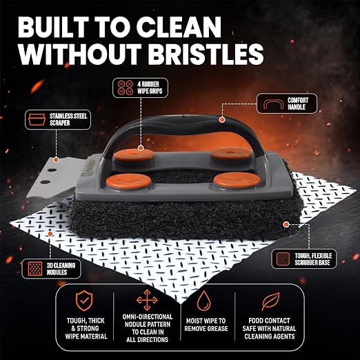 Proud Grill Q-Swiper BBQ Grill Cleaner Set - 1 Grill Brush with Scraper and 25 BBQ Grill Cleaning Wipes, Bristle-Free & Wire-Less, Safe Way to Remove Grease and Grime for A Clean and Healthy Grill