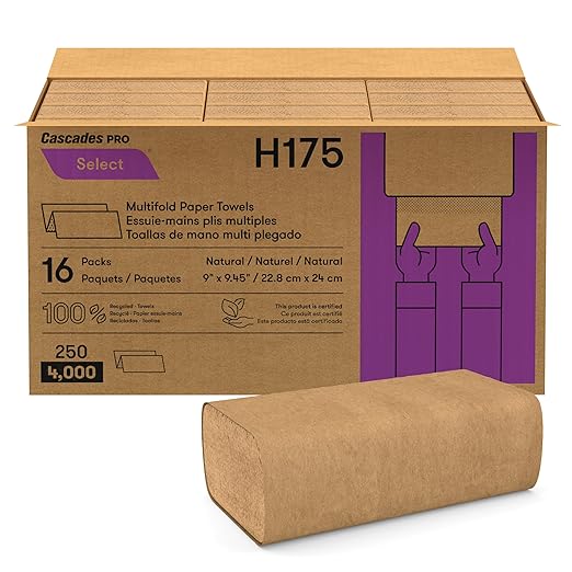 Cascades PRO Select Multifold Paper Towels Bulk- Universal Fit for Dispensers - Commercial Bathroom Kitchen Towel - 250 Sheets/pack, 16 Packs/Box - H175- Natural Brown
