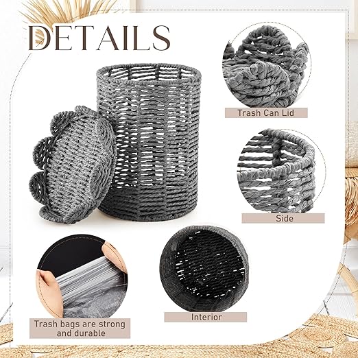 Ctosree 1.3 Gallons Small Wicker Trash Can with Lid Handle Woven Wicker Rattan Bathroom Waste Basket Boho Trash Basket with 100 Plastic Garbage Bags for Bedroom Office Laundry (Scalloped Style, Gray)