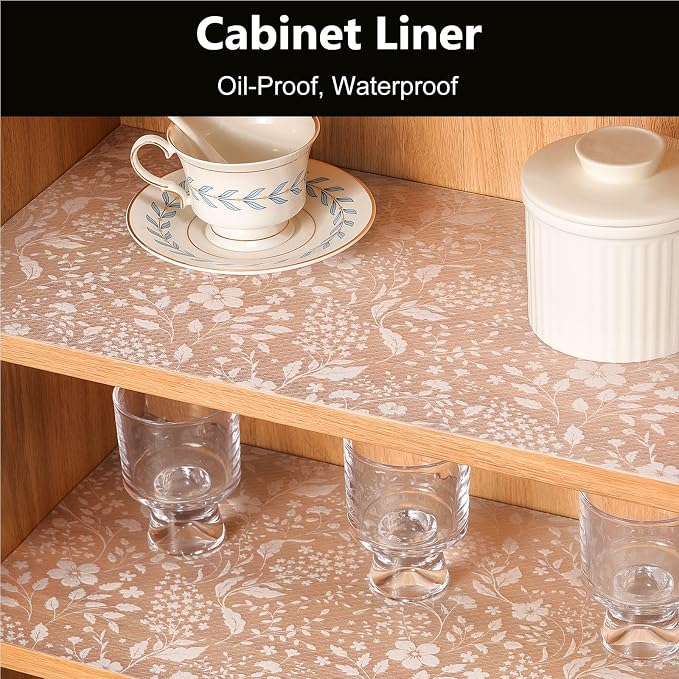 INNOLITES Shelf Liner for Kitchen Cabinets, Non-Adhesive Drawer Liner, Waterproof Washable EVA Floral Pattern, Protect Dresser Cupboard Refrigerator Shelves (Ivory Herb, 23.6" x 360")