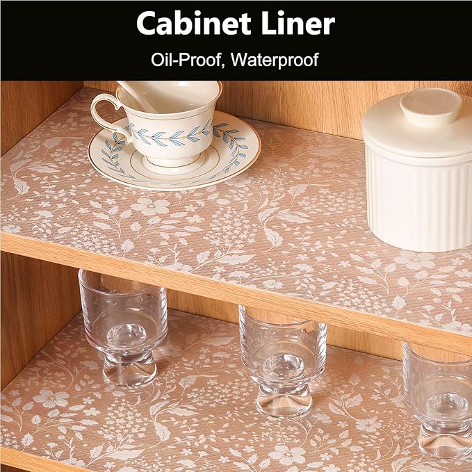 INNOLITES Shelf Liner for Kitchen Cabinets, Non-Adhesive Drawer Liner, Waterproof Washable EVA Floral Pattern, Protect Dresser Cupboard Refrigerator Shelves (Ivory Herb, 17.5" x 78.7")