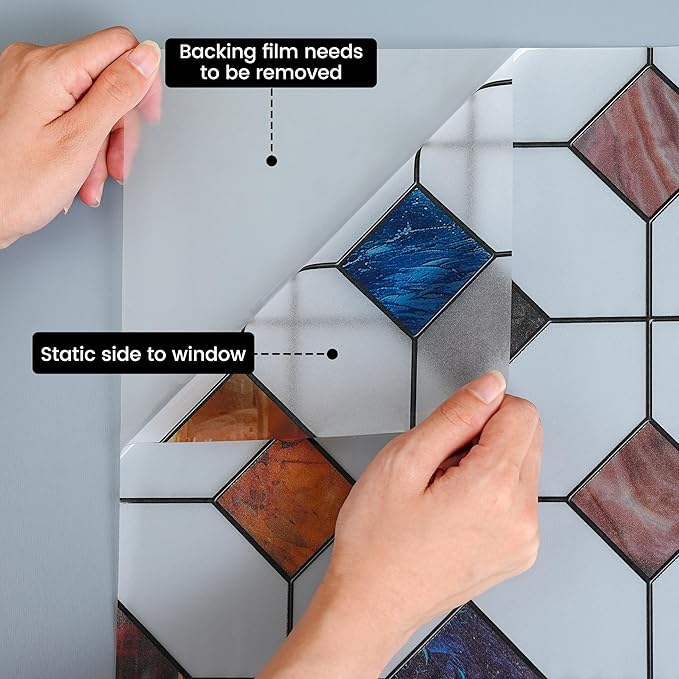 DKTIE Stained Glass Window Film Geometric Patterns, Fine Frosted Window Clings for Glass Windows, Waterproof for Bathroom Window Privacy Film Day and Night (S533, 17.7in X 118.1in)