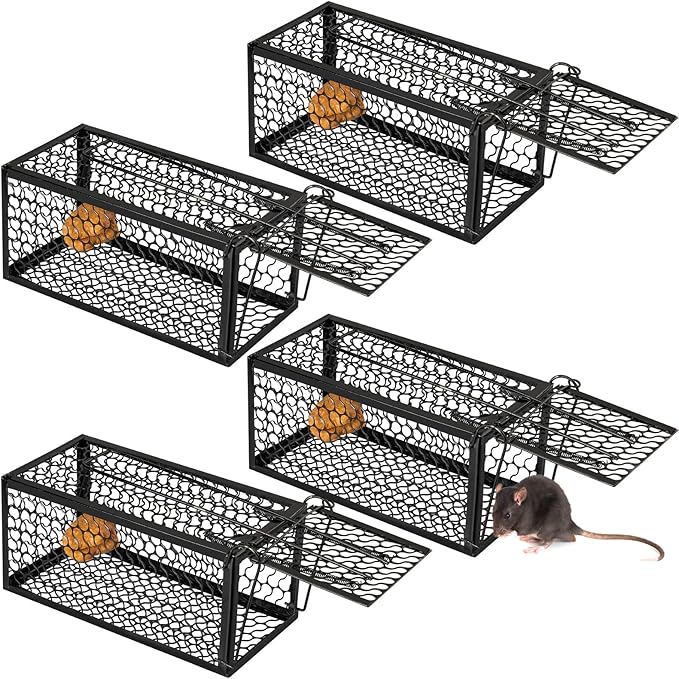 Qualirey 4 Pcs Humane Rat Trap Chipmunk Rodent Mouse Squirrel Trap 9.1 x 4.5 x 4.5 Inches Live Animal Mouse Voles Hamsters Live Cage Rat Cage for Mice Easy to Catch and Release (Black)