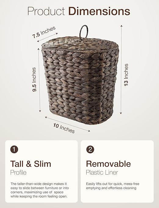 Tidita Wicker Waste Basket - Wicker Trash Can with Lid - Water Hyacinth Bathroom Garbage Can with a Lid - Bathroom Trash Can Boho Style - Removable Liner, Iron Frame (Black, 1.5 Gallons)