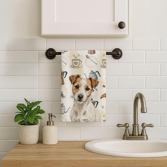 Caroline's Treasures White with Tan Markings Russell Terrier Coffee Bar Kitchen Towel Velour Plush Front and Cotton Loop Back Machine Washable