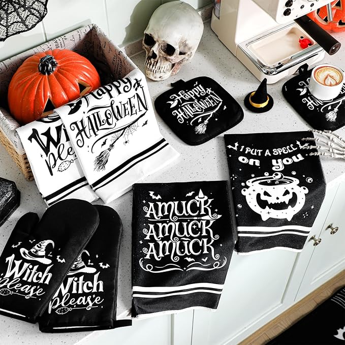 Fanfanwin 10 Pcs Halloween Kitchen Decor Set Witch Kitchen Towels and Rugs Pot Holders Oven Mitts Set for Home Cooking Dish Baking Decorative