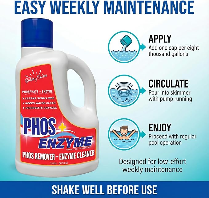 Pool Phosphate Remover and Pool Clarifier Enzyme, Weekly Pool Treatment, Saltwater Safe Pool Chemicals for Inground & Above Ground Pools, 3 Liter – BubbyShine