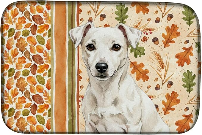 Caroline's Treasures White Jack Russell Terrier Heirloom Fall Dish Drying Mat Absorbent Dish Drying Mat Pad for Kitchen Counter Dish Drainer Mat for Countertop, 14 x 21", Multicolor
