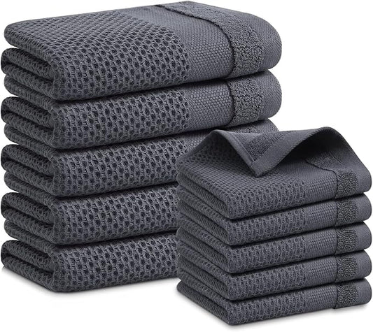 Homaxy Kitchen Towels and Dishcloths Set, 12 x 12 and 13 x 28 Inches, Set of 10 100% Cotton Waffle Weave Kitchen Towels, Super Soft and Absorbent Dish Cloths, Dark Grey