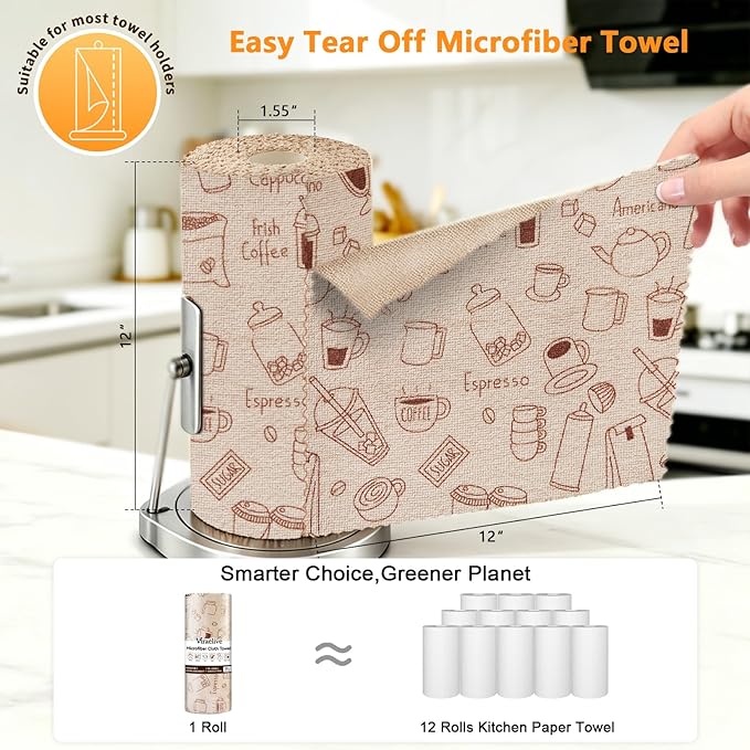Microfiber Cleaning Cloth Roll, 50-Count Reusable Washable Rags, Absorbent Lint-Free Non-Scratch Streak-Free Tear-Away Barista Towels for Kitchen & Home, Bar & Studio, 12x12 in