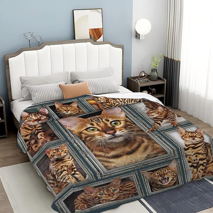 Tijuboni Bengal Cat Throw Blanket Cat Gifts for Girls Boys Women Men Kids Adults Soft Flannel Fleece Blanket for Couch Sofa Bed Home Decor 60"x80"