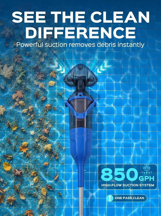 Cordless Handheld Pool Vacuum for Above Ground Pool, Rechargeable Small Pool Vacuum with Telescopic Pole, 60 Min Runtime, 14.1 GPM Suction, for Hot Tub, Spa & Small Pools, Blue
