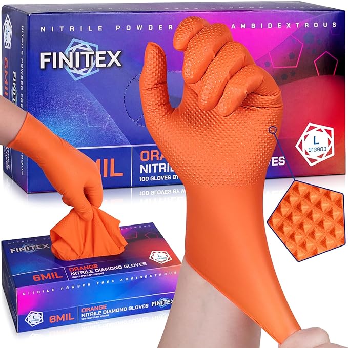 FINITEX Industrial Diamond Texture Nitrile Orange Glove - 100/1000PCS Chemical Resistant 6.3mil Mechanic Disposable Gloves
