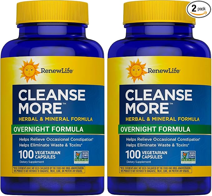 Renew Life Detox Cleanse More,Reduces Bloating and Restores Regularity,Overnight Constipation Relief,Soy,Dairy and Gluten-Free,100 Capsules,(Pack of 2)