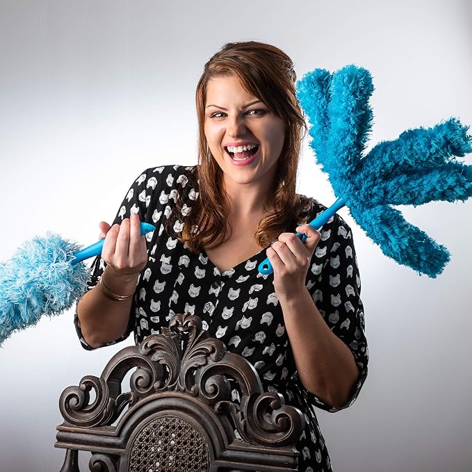 Extendable Washable Microfiber Duster and Blind Cleaner w/Pivoting Head and Extension Pole. Telescopic Arm and Flexible Heads for Easy Ceiling and Cobweb Dusting. Detachable Dusters = Quick Cleaning