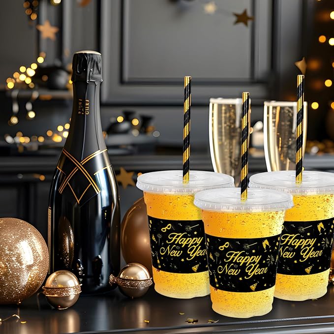 JarThenaAMCS 50Pcs New Year Plastic Cups With Lids And Straws 12oz Disposable Party Cups Black Gold Cold Beverage Drinking Cups for Chinese Spring Festival Party Supplies