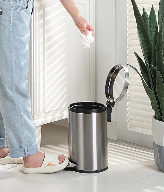 SunnyPoint 4.5 Liter(1.2 Gallon) Small Round Trash Can with Plastic Inner Bucket; Bathroom, Office, Kitchen and Bedroom Step On and Slow Close (S.N)