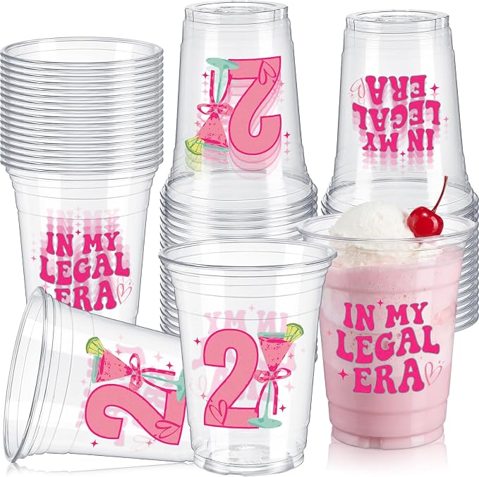 Jingmore 50 Pcs Birthday Plastic Cups 12 oz Birthday Disposable Plastic Cups Thick Clear Drinkware for Men Women Celebrate Party Supplies(pink 21st)