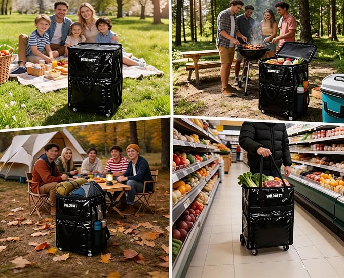 Reusable Rolling Shopping Bag with 5 Wheels, Foldable Grocery Cart Tote with Zipper, Lightweight Heavy-Duty Carry Bag HoldsUp to 66 lbs for Groceries, Laundry, Camping, Moving,Black