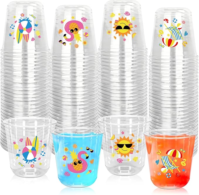 Whaline 60Pcs Pool Party Plastic Cups 12 Oz Disposable Clear Stemless Wine Cocktail Glasses PET Drinkware Cups Set for Summer Beach Hawaiian Luau Birthday Party Supplies