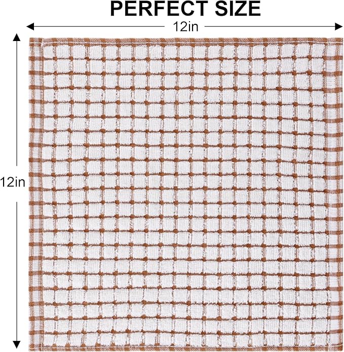 Kitinjoy Cotton 8 Pack Terry Kitchen Dish Cloths, 12 x 12 Inches Super Soft and Absorbent Dish Rags, Quick Drying Dish Towels for Washing Dishes, Brown
