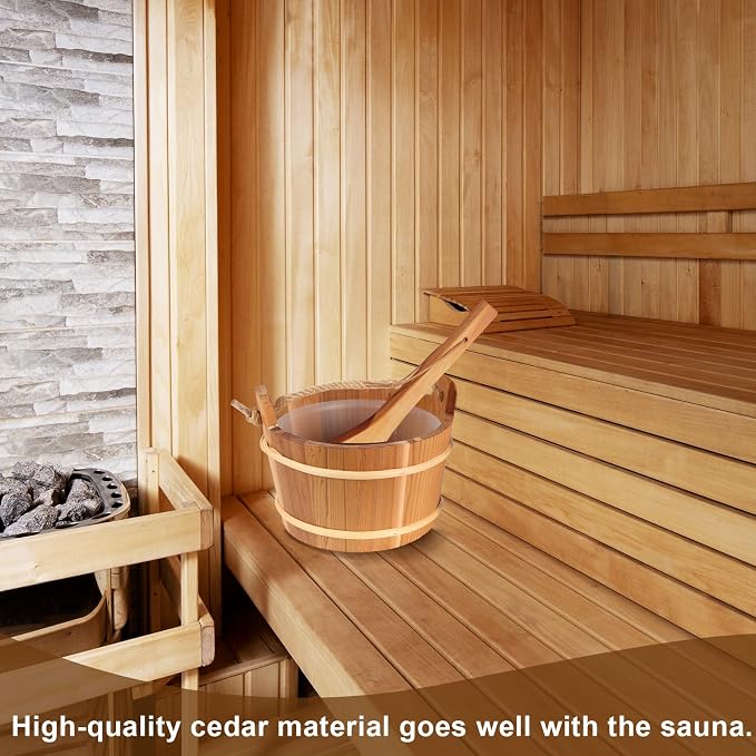 Wooden Sauna Bucket and Ladle Set, Handmade from Natural Pine with Rope Handle,4L (4L Cedar Wood)