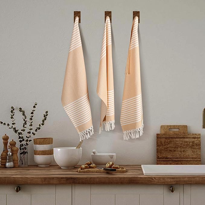 TWINY threads Set of 4 100% Cotton Turkish Kitchen Towels with Hanging Loop & Tassels (18" X 28") | Ultra Washcloth with Fringes | Reusable Hand Towels - Mustard Yellow