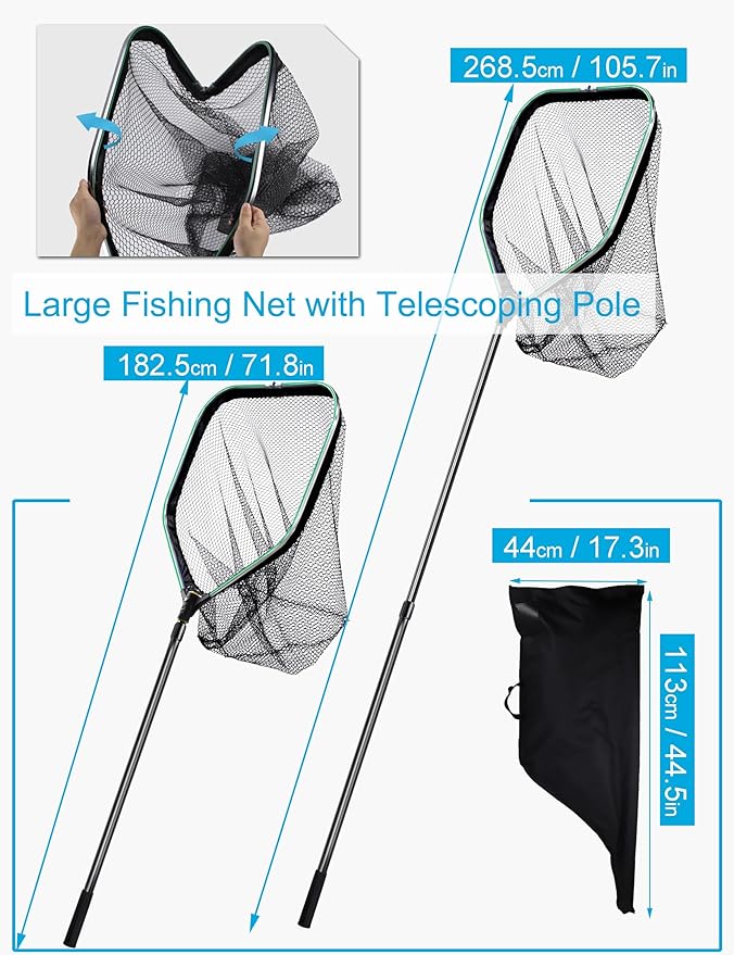 Saltwater Large Fishing Net with Handle 75.8"-105.7" - Extra Large Rubber Fishing Landing Net with Telescoping Handle Fish Net, Aluminum Half Folding Nets, Depth 26.8in