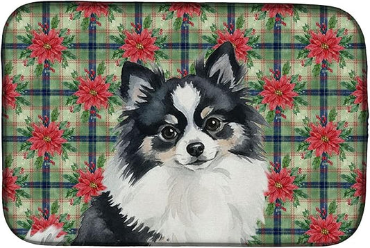 Caroline's Treasures Black and White Pomeranian Christmas PoinsettIas Dish Drying Mat Absorbent Dish Drying Mat Pad for Kitchen Counter Dish Drainer Mat for Countertop, 14 x 21", Multicolor