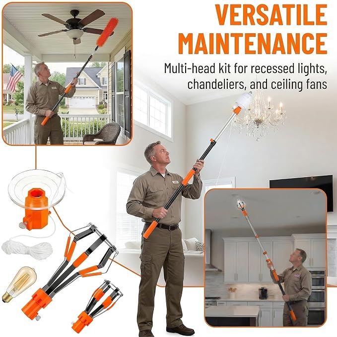 26FT Telescopic Light Bulb Changer for High Ceilings with 5-20FT Extension Pole, Flip-Tab Lock Universal Tool w/ Basket, Suction Cup, Grabber & Duster for Recessed, Ceiling Fans, Hard-to-Reach Lights