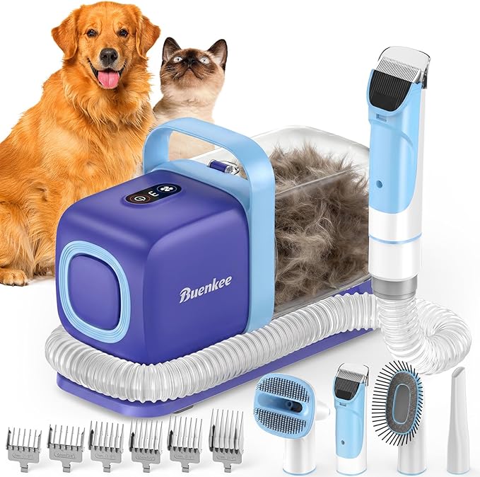 buenkee Dog Grooming Kit with Vacuum, 15000Pa Pet Hair Clipper and Shedding Brush, 2L Capacity, Blue
