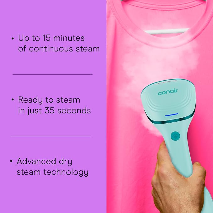 Conair Power Steam Garment Steamer, Clothes Steamer Handheld with Ceramic Soleplate, Clothing Steamer, 35-Second Heat-Up, 15-Minute Steam, Fabric Attachments, Mint Green