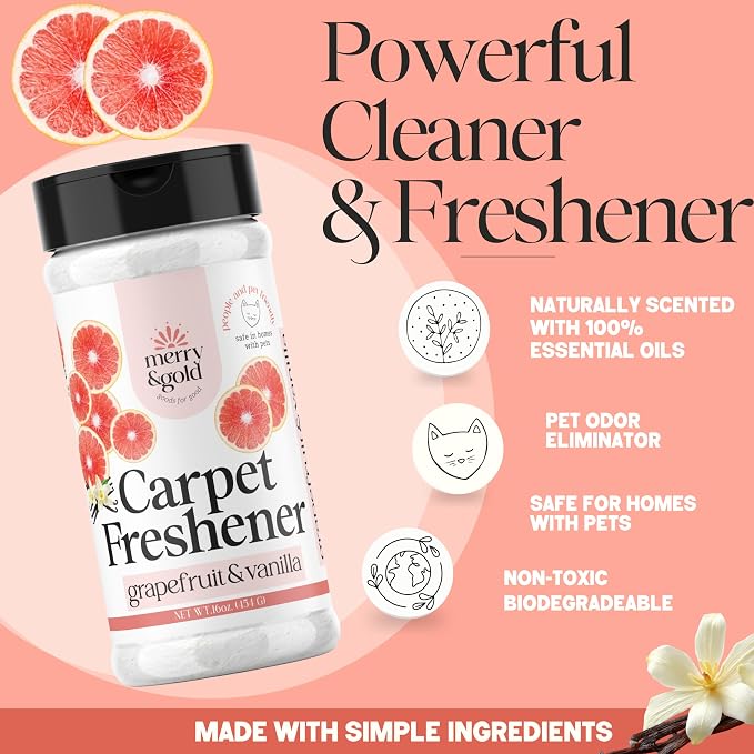 Merry & Gold Carpet Deodorizer & Freshener Powder | 16 oz (2 Pack) Grapefruit + Vanilla | Pet Odor Eliminator for Strong Odors & Pet Urine | Safe for Homes with Pets | Made in USA
