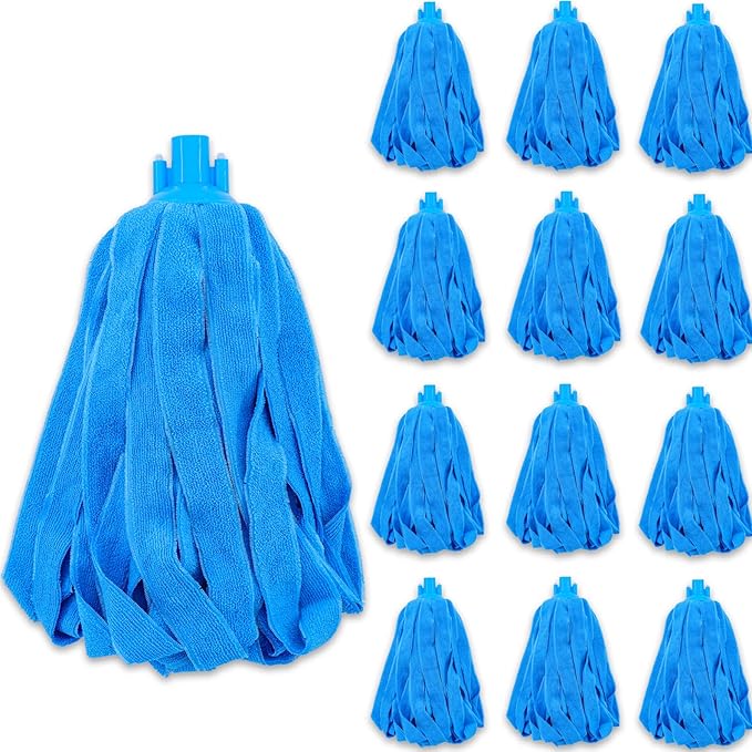 12 PCS Microfiber Mop Heads, Microfiber Cloth Mop Replacement Blue Compatible with Standard 3/4 inch Threaded Poles