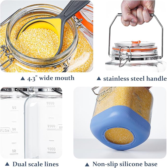 Folinstall 1 Gallon Fermentation Jar with 3 Airlocks, Stainless Steel Handle, Non-Slip Silicone Base, 128 oz Glass Storage Jar for Mead Making, Wine Making, Sourdough Starter, 2 Pack