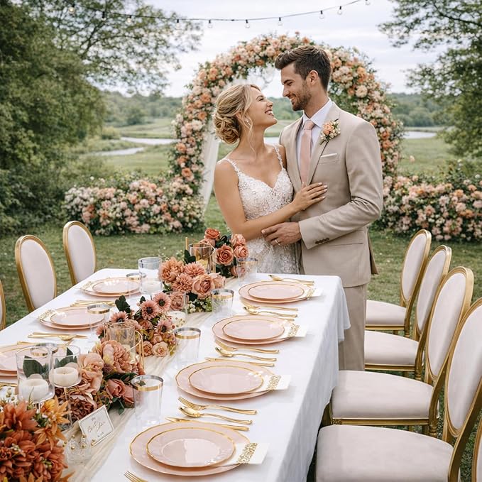 LIYH 350 Pcs Pink Plastic Plates for Party Pink Plastic Dinnerware Set for 50 Guest 100 Disposable Plates 150 Gold Plastic Silverware 50 Gold Cups 50 Napkins Perfect for Wedding Birthday