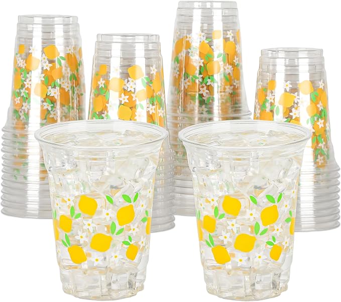 AimFun 50 Pcs Lemon Plastic Cups Summer 12 oz Disposable Party Clear Cups for Tropical Luau Party Hawaiian Theme Birthday Wedding Bridal Baby Shower Beverage Supplies