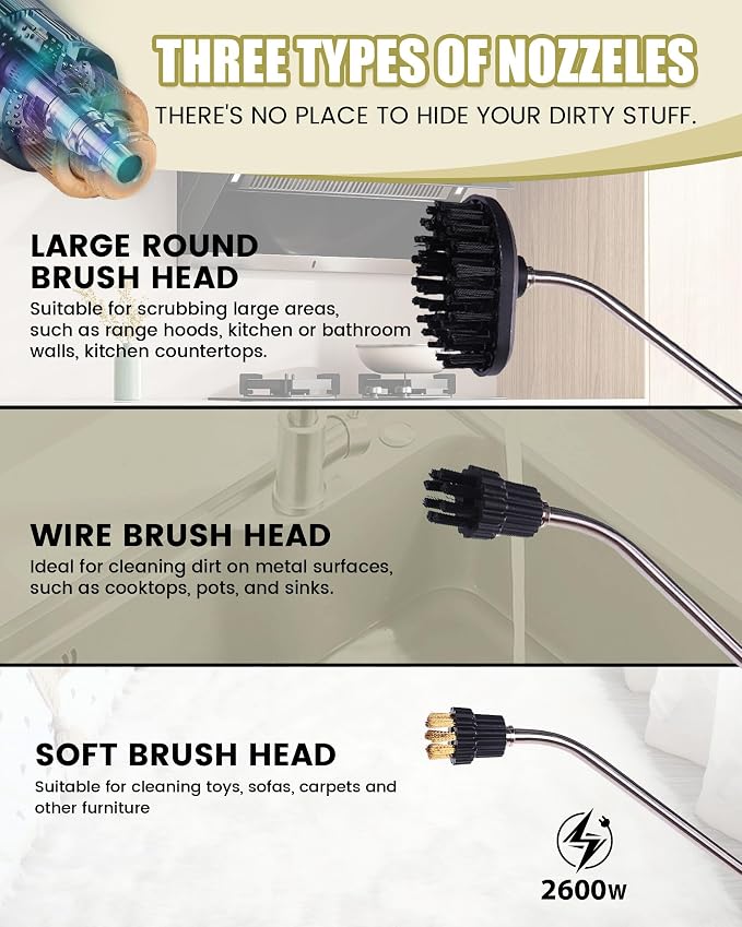 FoundGo 1700W Tankless Handheld Steam Cleaner with 7 Brushes 20s Heating to 239℉ Pressurized Portable Steam Cleaner, Cleaning Home/Kitchen/Car & More-White